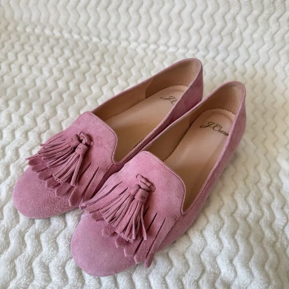 J.Crew Women’s Light Pink Faux Micro Suede Tassel Loafers Size 6 US